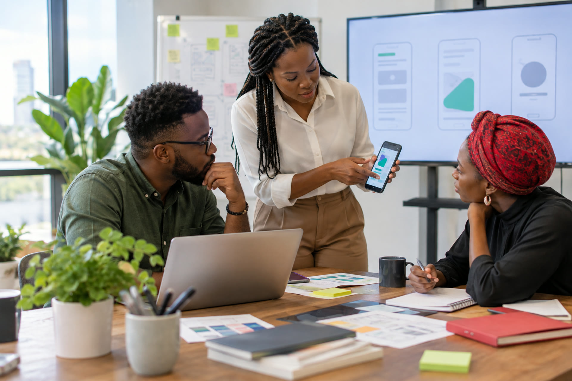 A software team discussing a mobile design at a work table