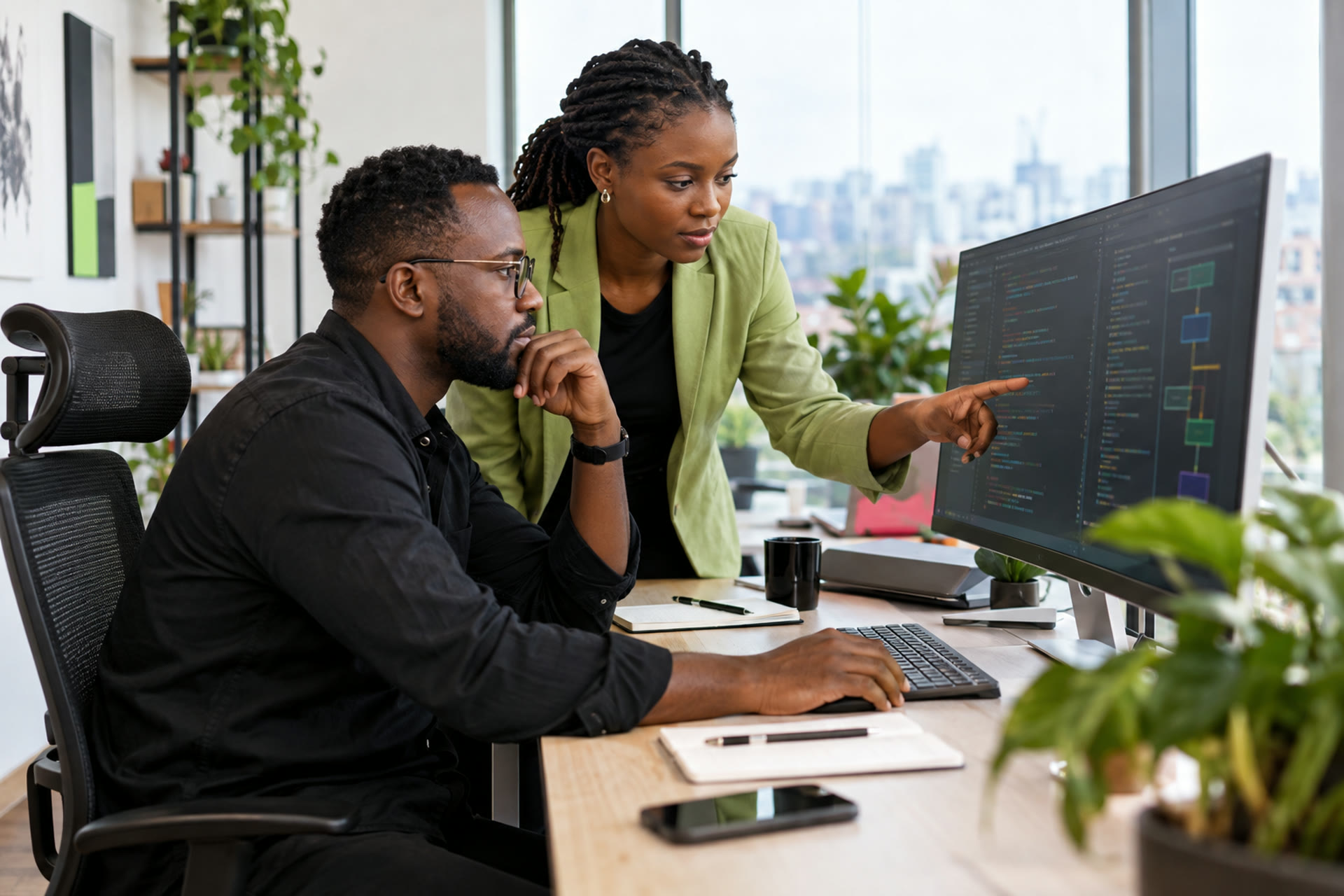 Two software professionals reviewing a workflow at a desktop computer