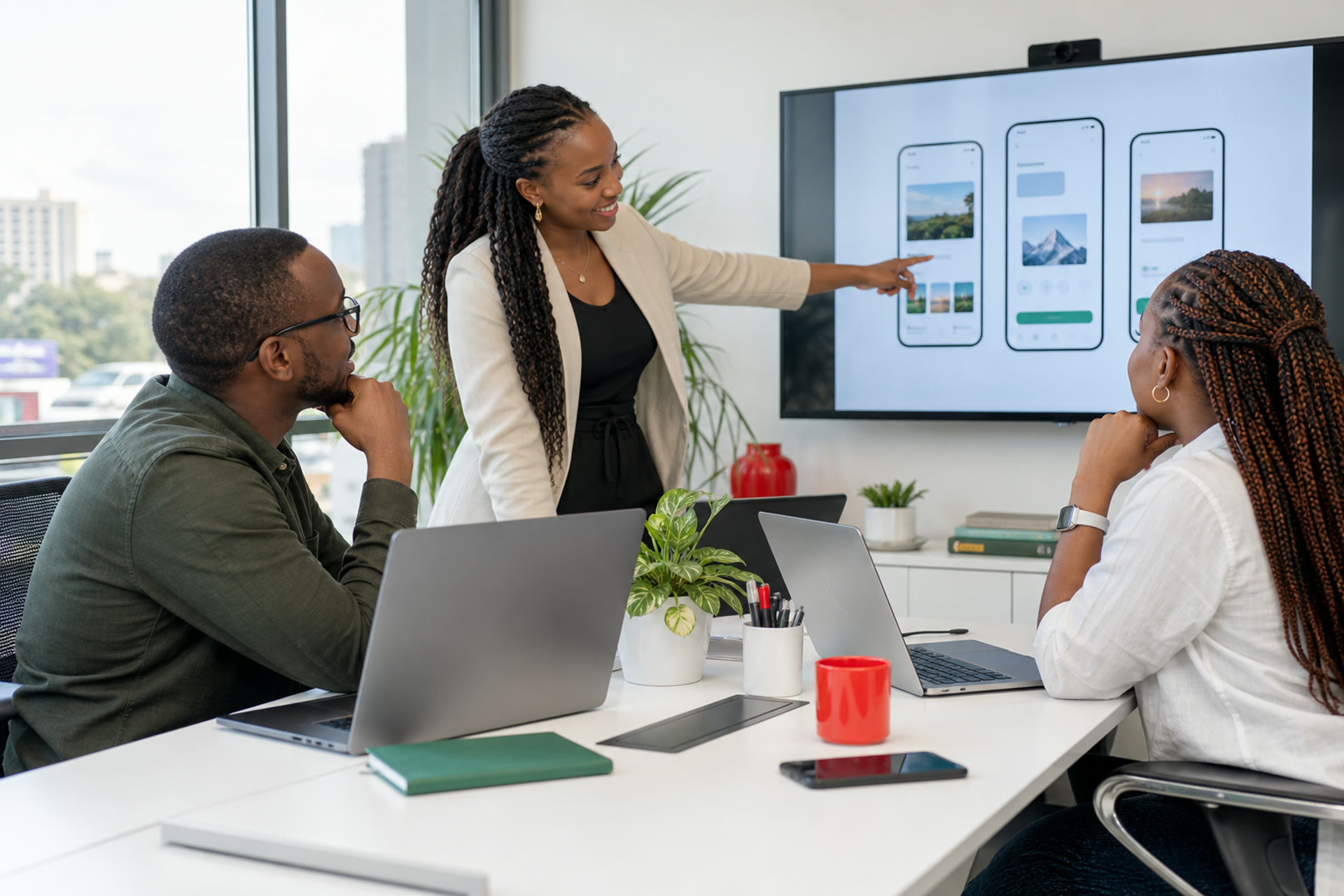 Software professionals reviewing a mobile product in a bright office